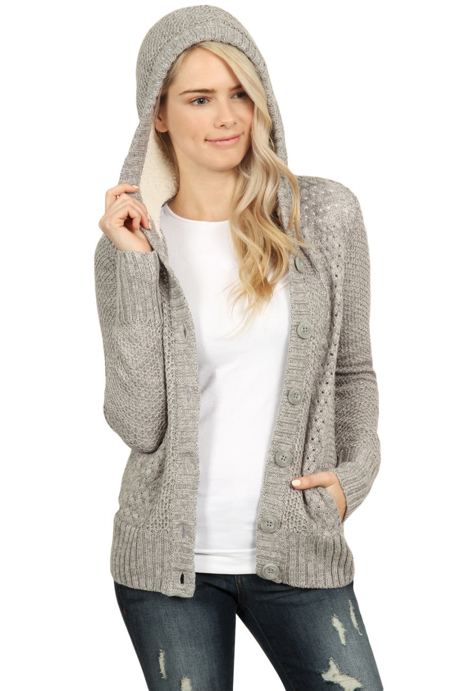 Fleece Hooded Gray Button Cardigan Sweater