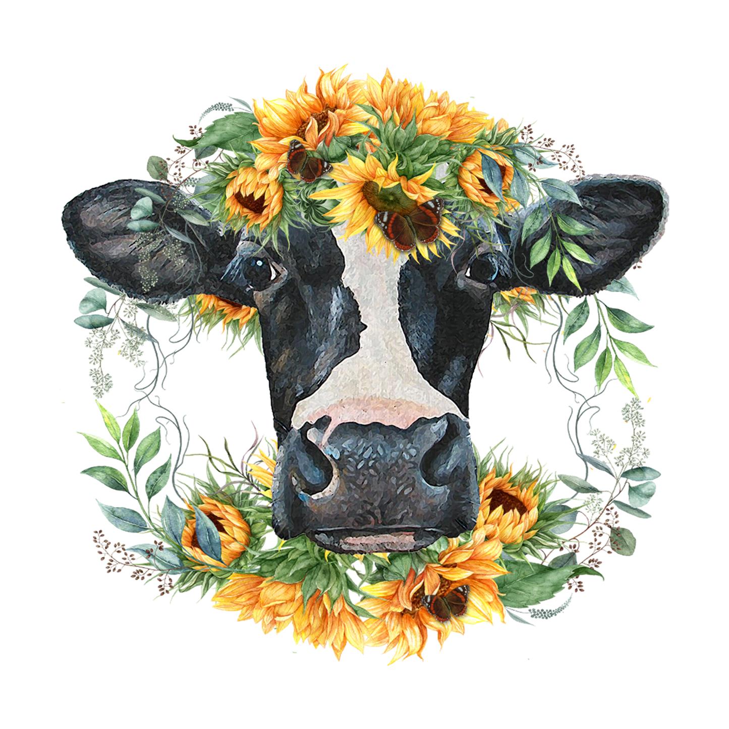 Black and White Cow with Sunflowers