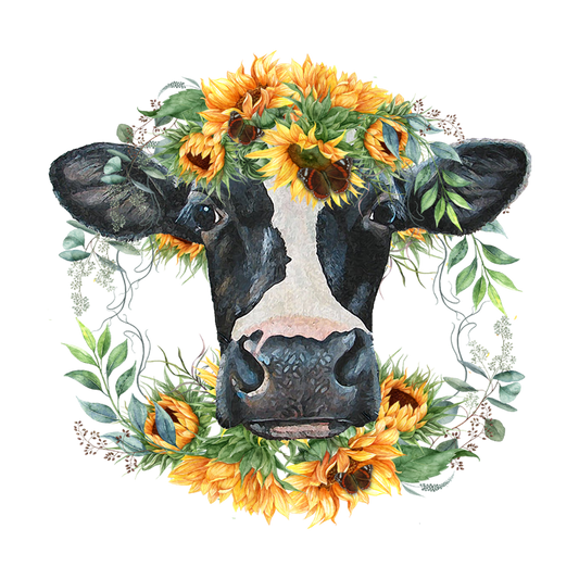 Black and White Cow with Sunflowers